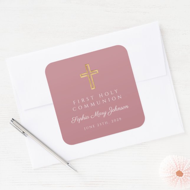 Sticker Carré Elegant Pink Religious Cross Girl First Communion  (Enveloppe)