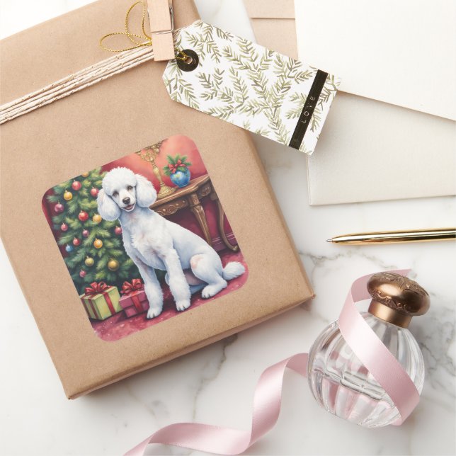 Sticker Carré Elegant Poodle Beside Christmas Tree Holiday Dog  (Cadeaux)