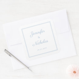 Sticker Carré Elegant Powder Blue Script Wedding