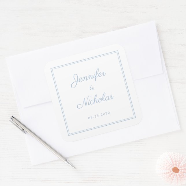 Sticker Carré Elegant Powder Blue Script Wedding (Enveloppe)