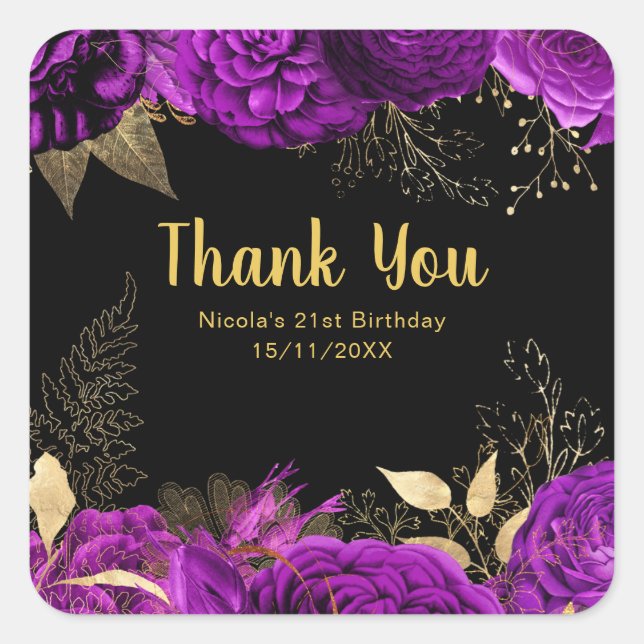 Sticker Carré Elegant Purple and Gold Flowers Birthday Party (Devant)