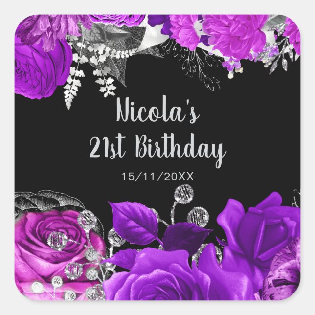 Sticker Carré Elegant Purple and Silver Flowers Birthday Party  (Devant)