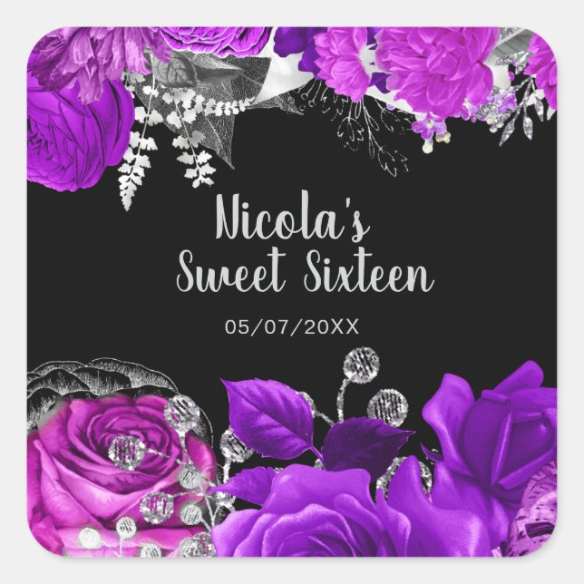 Sticker Carré Elegant Purple and Silver Flowers Sweet Sixteen (Devant)
