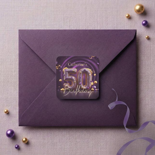 Sticker Carré Elegant Purple Gold Glam 50th Birthday Party (Créateur téléchargé)