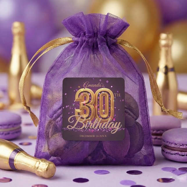 Sticker Carré Elegant Purple Gold Jewel 30th Birthday Party (Créateur téléchargé)