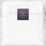 Sticker Carré Elegant Purple Gratitude Card<br><div class="desc">This elegant wedding sticker features a gradient purple background with clean, modern typography. The design showcases two names in bold, uppercase letters, separated by an ampersand, and includes a subtle "thank you" message at the bottom. Its minimalist style exudes sophistication and gratitude, making it perfect for expressing appreciation at formal...</div>