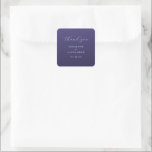 Sticker Carré Elegant Purple Thank You Card<br><div class="desc">This elegant wedding sticker features a minimalist design with a deep purple background and light gray cursive script that reads "thank you." The layout is clean, with ample negative space around the text elements, emphasizing clarity and sophistication. Customizable names and dates are presented in a classic serif font, adding a...</div>