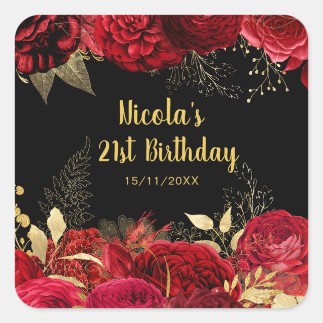 Sticker Carré Elegant Red and Gold Flowers Birthday Party (Devant)
