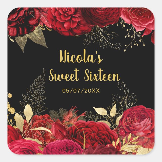 Sticker Carré Elegant Red and Gold Flowers Sweet Sixteen  (Devant)