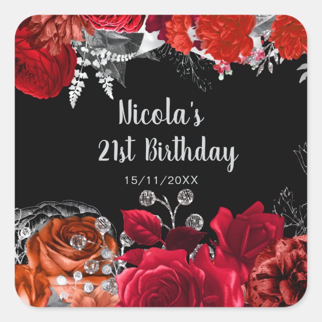 Sticker Carré Elegant Red and Silver Flowers Birthday Party (Devant)