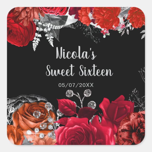 Sticker Carré Elegant Red and Silver Flowers Sweet Sixteen  (Devant)