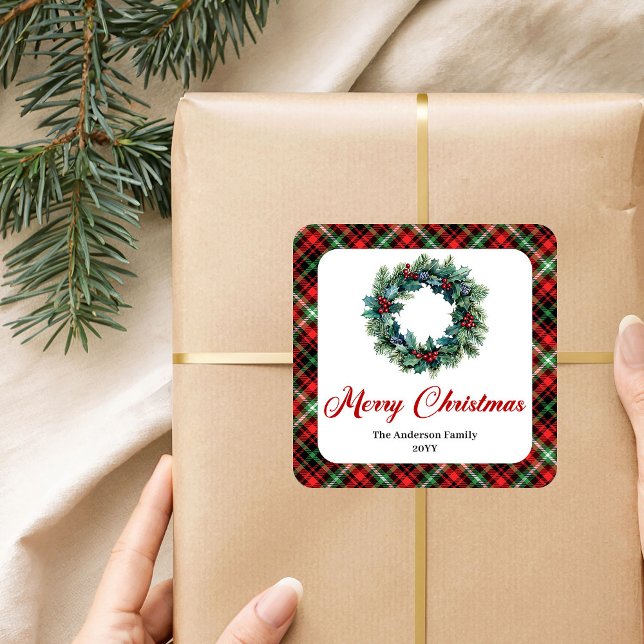 Sticker Carré Elegant Red Green Plaid Pine Wreath Holiday Labels (Elegant Red Green Plaid Pine Wreath Holiday Sticker)