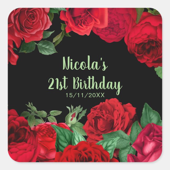 Sticker Carré Elegant Red Roses Flowers Birthday Party (Devant)