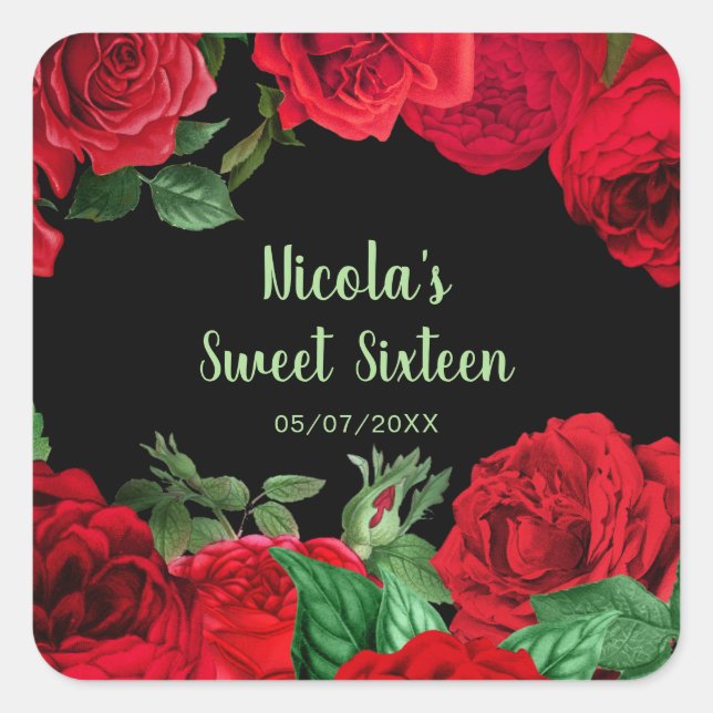 Sticker Carré Elegant Red Roses Flowers Sweet Sixteen (Devant)