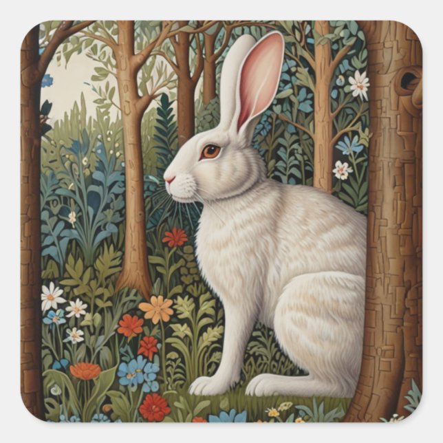 Sticker Carré Elégant retro boho blanc lapin boisé fleurs (Devant)
