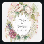 Sticker Carré Élégant Romantique Rustique Mariage floral<br><div class="desc">Elégante couronne bordeaux,  rousse rose,  couronne romantique florale verte sauge. Utilisez pour décorer ou sceller votre douche nuptiale ou autocollant de faire-part de mariage. 100% de satisfaction client avec "Zazzle"</div>