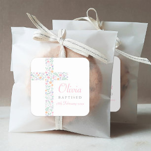 Sticker Carré Elégant rose Floral Cross Baby Girl Baptism