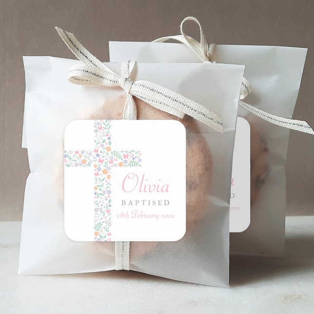 Sticker Carré Elégant rose Floral Cross Baby Girl Baptism (Créateur téléchargé)