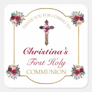Sticker Carré Élégant Rose Floral Gold 1st Communion Merci