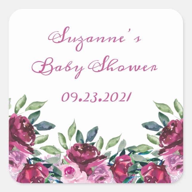 Sticker Carré Élégant rose floral nom date écriture Baby Shower (Devant)