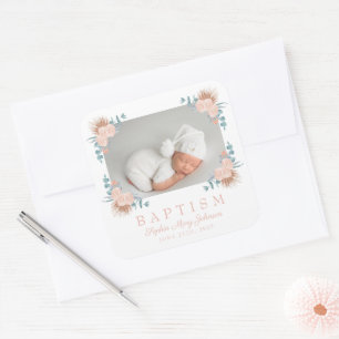 Sticker Carré Élégant rose florale fille Baptême photo