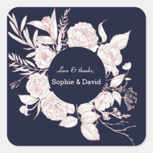 Sticker Carré Elégant Rose Gold Flowers Marine Blue Mariage