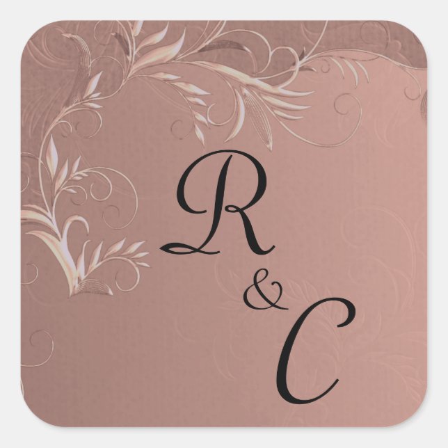 Sticker Carré Élégant Rose Mariage or Monogramme (Devant)