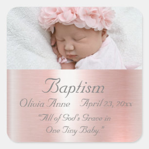 Sticker Carré Élégant rose métal Nom photo Baby Girl Baptism