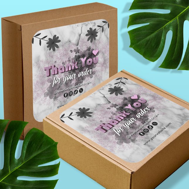 Sticker Carré Élégant Rose noir Or Merci d'affaires personnalisé (Créateur téléchargé)