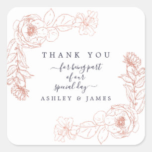 Sticker Carré Élégant rose rose or Mariage Floral Rose Merci