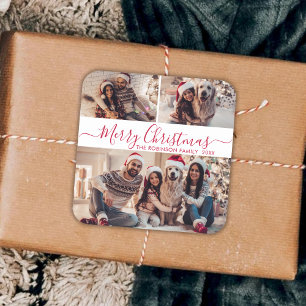 Sticker Carré Elégant Rouge Blanc 3 Photo Collage Noël