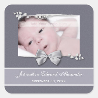 Sticker Carré Élégant ruban Faire-part de naissance photo argent