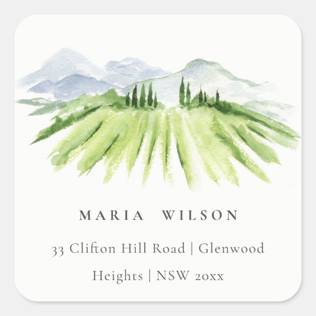 Sticker Carré Elegant Rustic Winery Vineyard Mountain Adresse (Devant)