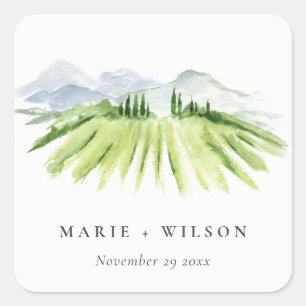Sticker Carré Élégant Rustic Winery Vineyard Mountain Mariage
