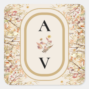 Sticker Carré Élégant Rustique Automne Beige Mariage Monogramme