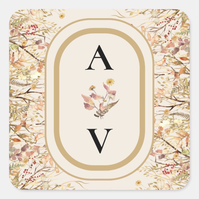 Sticker Carré Élégant Rustique Automne Beige Mariage Monogramme (Devant)