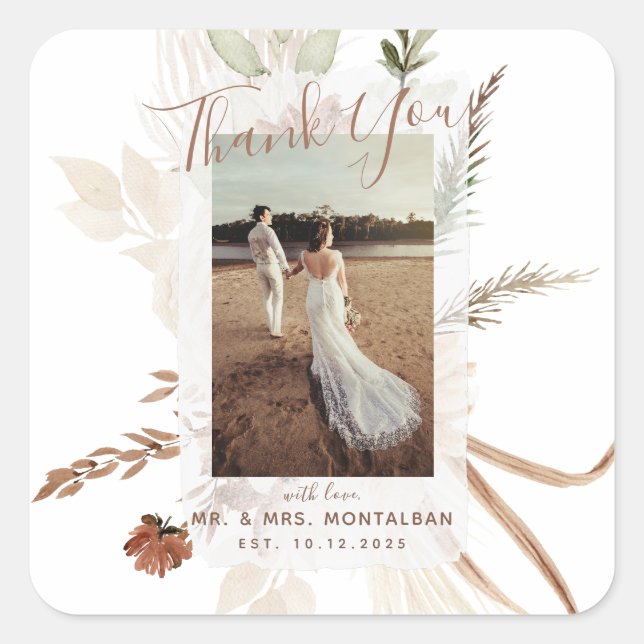 Sticker Carré Élégant Rustique Bohème Pampas  (Devant)