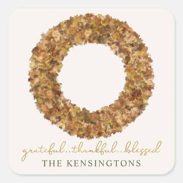 Sticker Carré Élégant Rustique Thanksgiving Wreath Feuilles d'au (Devant)