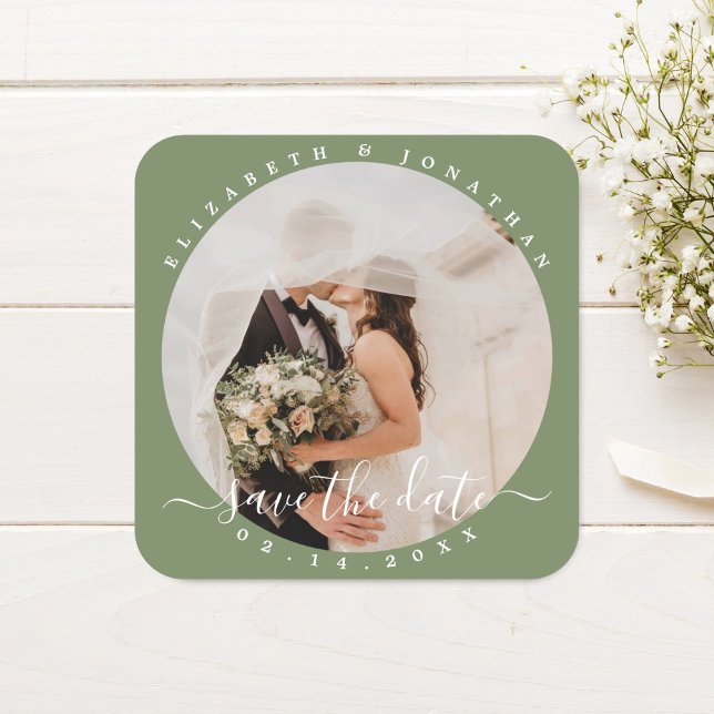 Sticker Carré Elégant Sage Green Photo Mariage Enregistrer La Da (Créateur téléchargé)