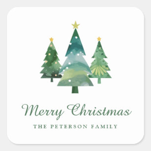 Sticker Carré Élégant Script Aquarelle Arbres de Noël