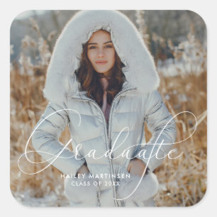Sticker Carré Élégant Script Graduate Photo et nom