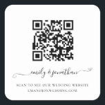 Sticker Carré Élégant script QR Code site Mariage<br><div class="desc">Élégant Script QR Code Mariage site Web. Un script élégant avec des swashes pour vos noms. Le texte peut être facilement personnalisé. Il suffit de modifier l'exemple d'URL dans le modèle avec votre propre URL de la page de votre site mariage et votre code QR sera généré automatiquement pour mettre...</div>