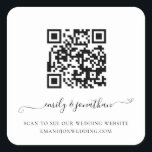 Sticker Carré Élégant script QR Code site Mariage<br><div class="desc">Élégant Script QR Code Mariage site Web. Un script élégant avec des swashes pour vos noms. Le texte peut être facilement personnalisé. Il suffit de modifier l'exemple d'URL dans le modèle avec votre propre URL de la page de votre site mariage et votre code QR sera généré automatiquement pour mettre...</div>