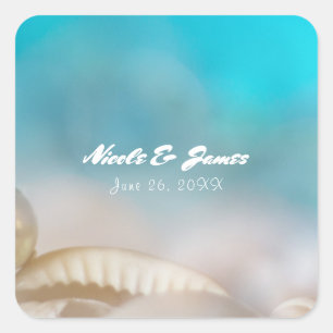 Sticker Carré Elégant Sea Shells Blue Tropical Beach Mariage