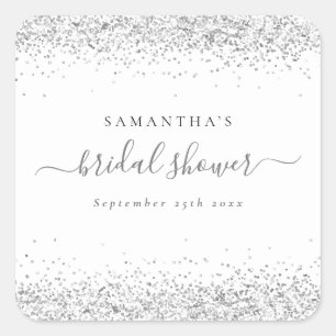 Sticker Carré Elegant Silver Parties scintillant Nom Date Fête d