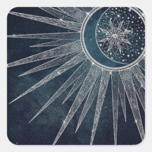 Sticker Carré Elégant Silver Sun Moon Doodle Mandala Blue Design