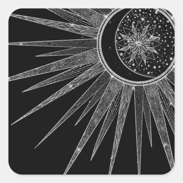 Sticker Carré Elégant Silver Sun Moon Mandala Black Design (Devant)