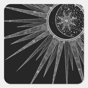 Sticker Carré Elégant Silver Sun Moon Mandala Black Design