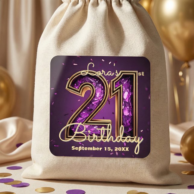 Sticker Carré Elegant Sparkly Purple Crystal 21st Birthday Party (Créateur téléchargé)