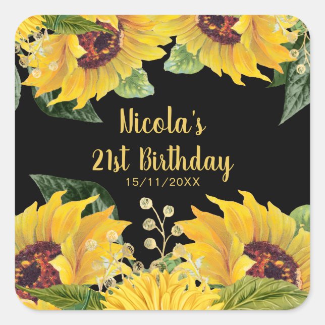 Sticker Carré Elegant Sunflowers and Foliage Birthday Party (Devant)